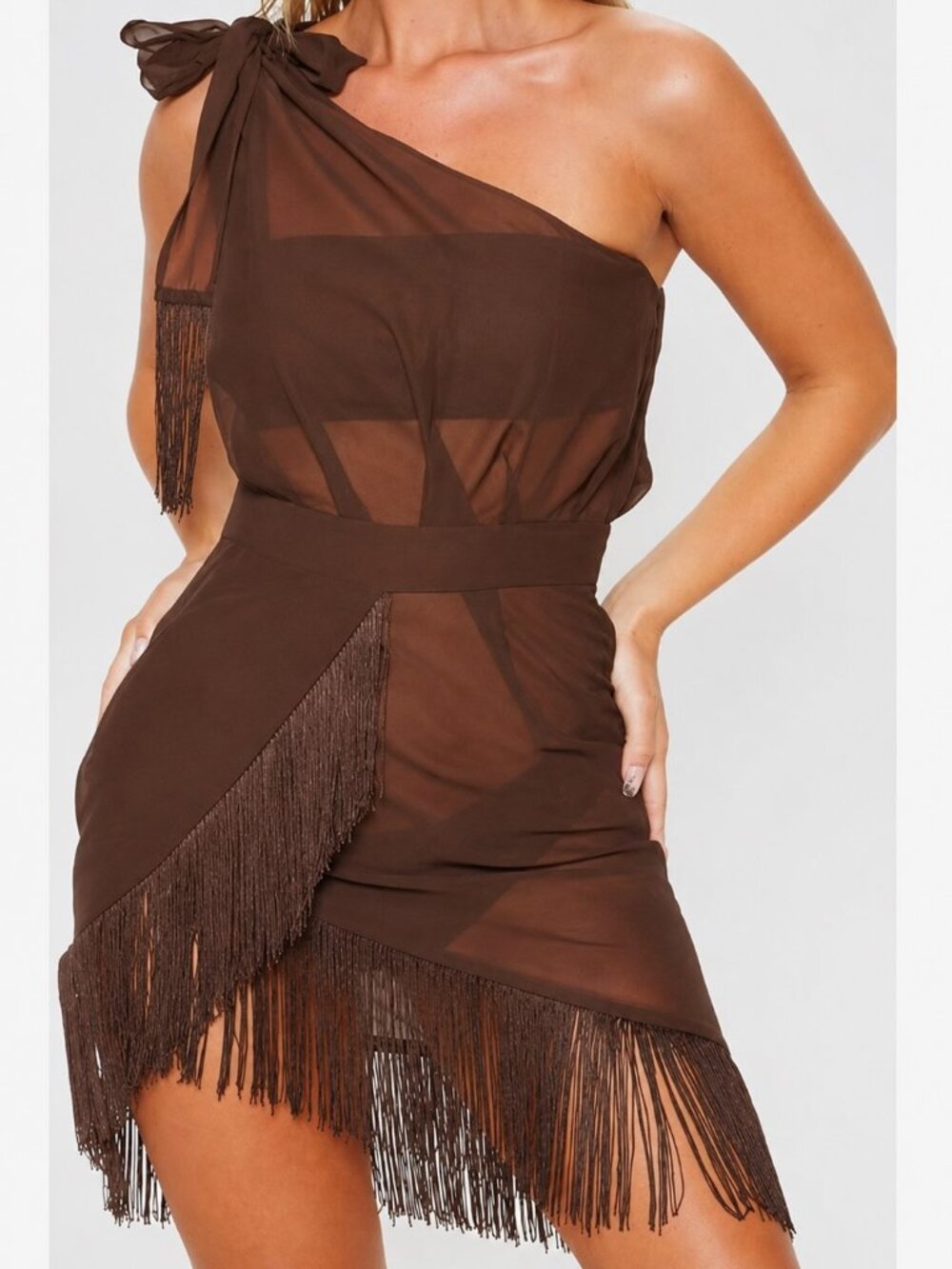 Pretty Little Thing Asymmetric Fringe Beach Dress Coverup Festival Brown Sz 12